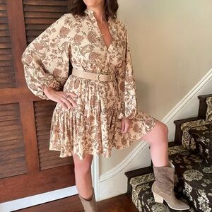 NWT Floral Beige Brown Babydoll Mini Dress Fall Thanksgiving Large